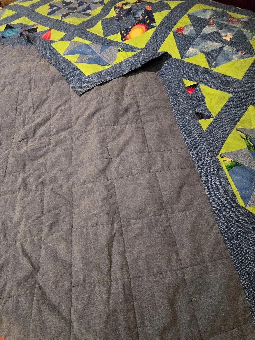 Patchwork COTTON QUILT  FULL/QUEEN SZ BLUE GRN Stars Planets 4 Cards Motif Cabin